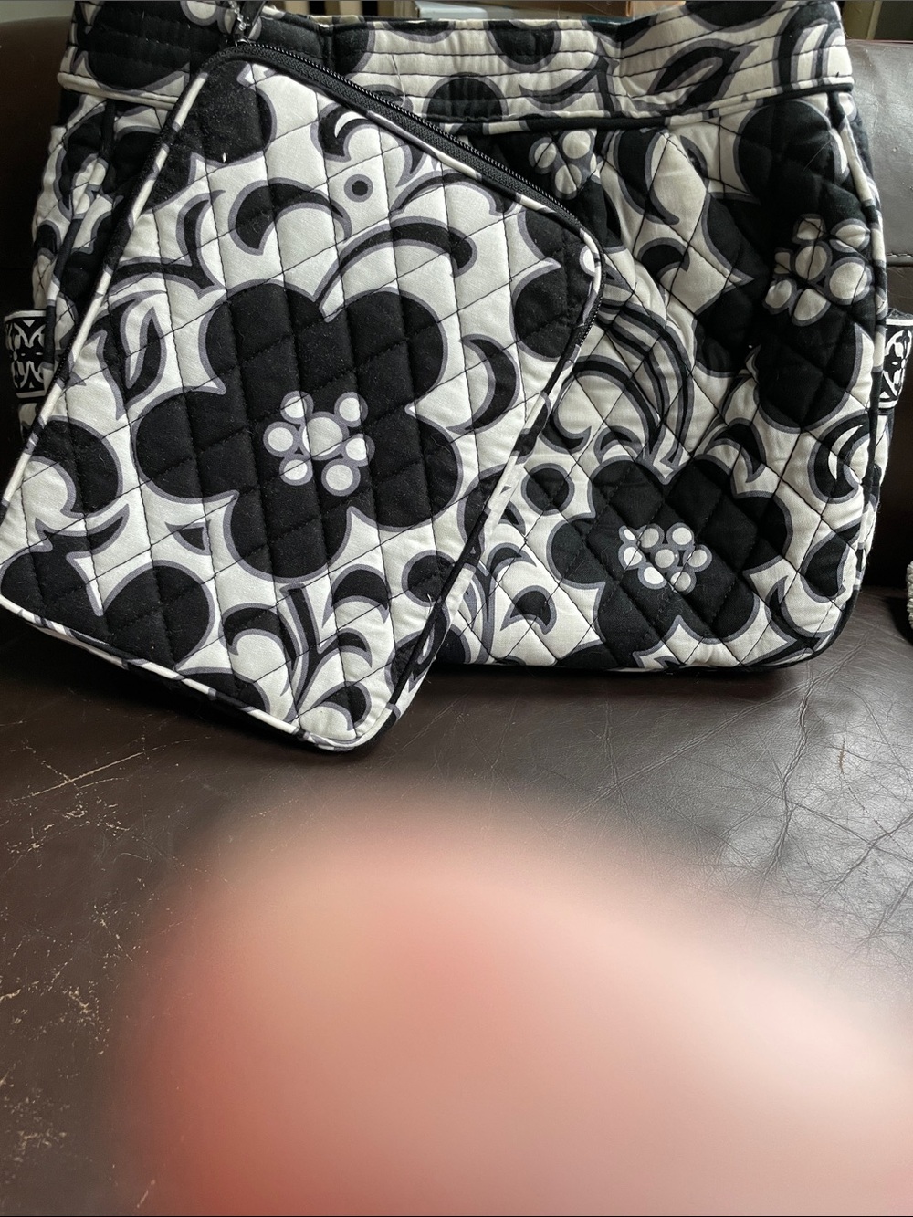 Vera Bradley Black & White Quilted Floral Shoulder Bag with Matching Pouch-